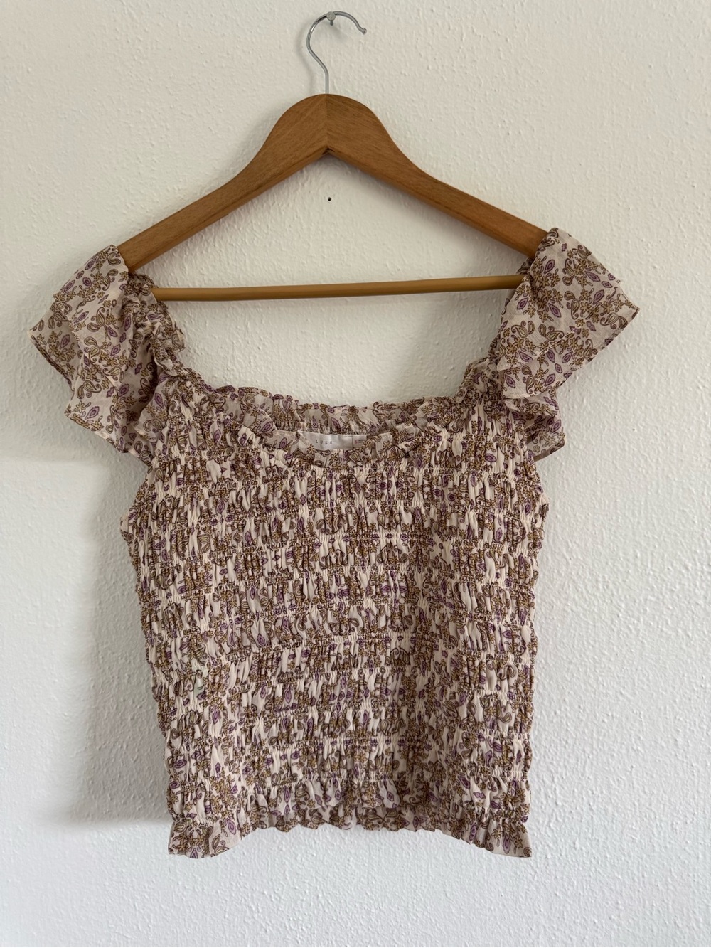Lush Cream Smocked Floral Crop Top with Lavender Accents